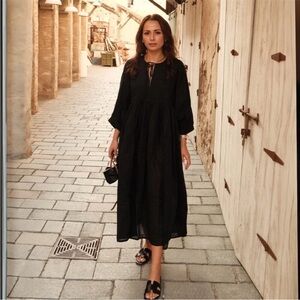 House of Sundar Sara Midi Dress in Black Oasis Organic Cotton Size XXL Lagenlook